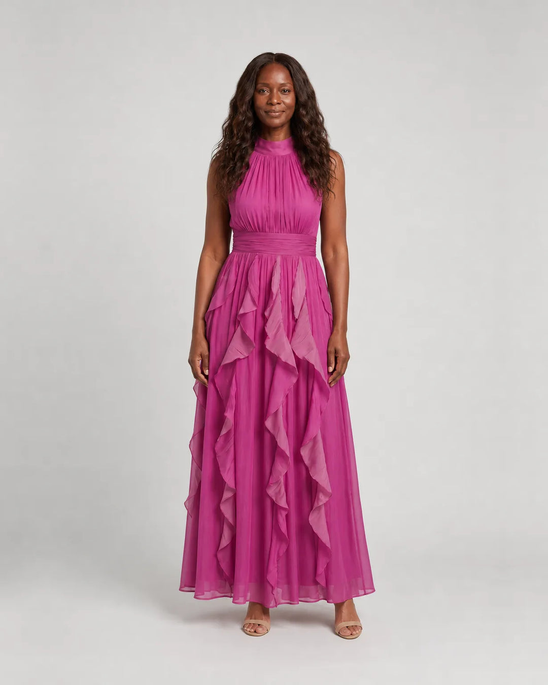 Orea | High Neck Gathered Ruffle Layers Maxi Dress