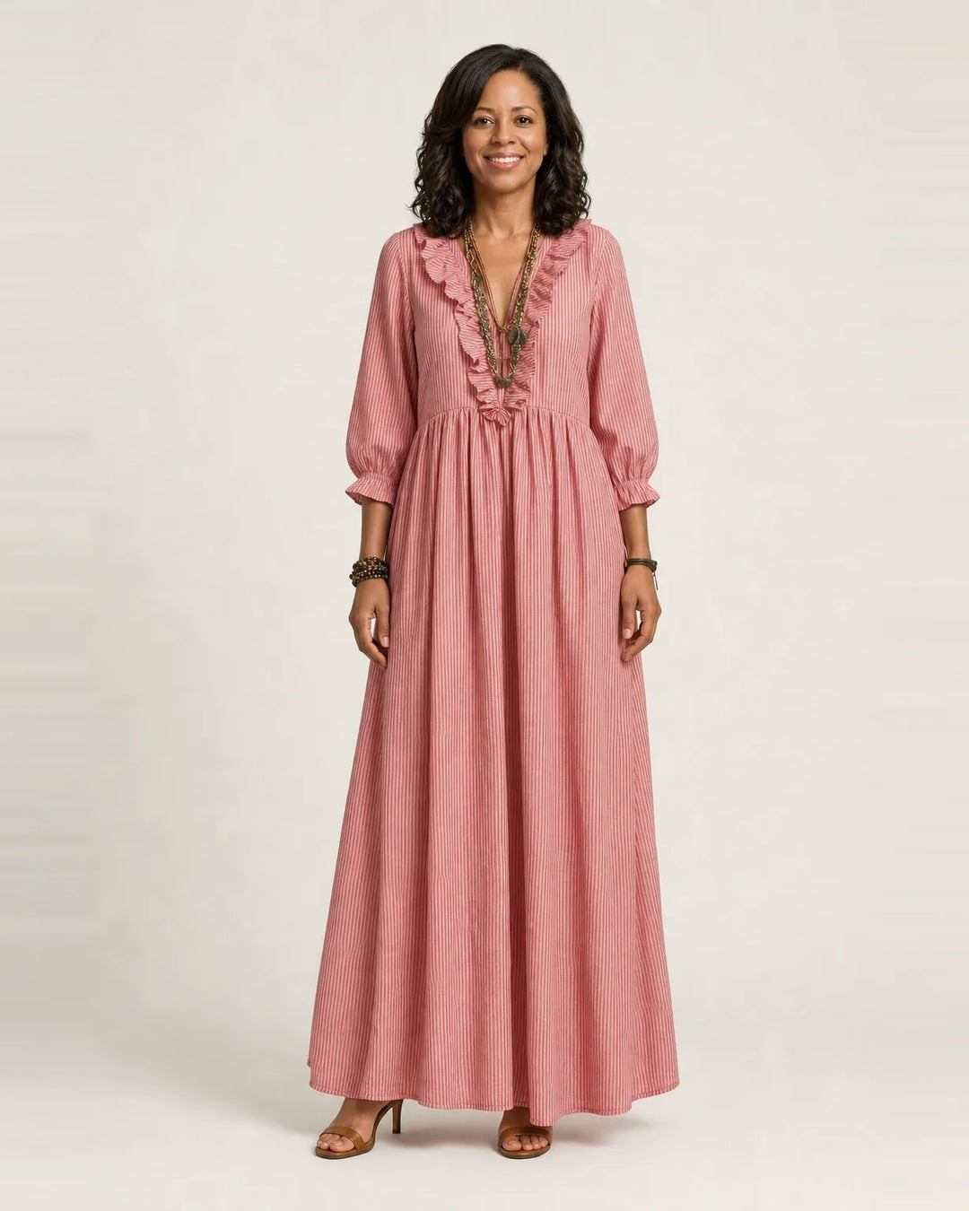 Yosetta | Ruffle V-Neck Striped Lantern-Sleeve Maxi Dress — Pink