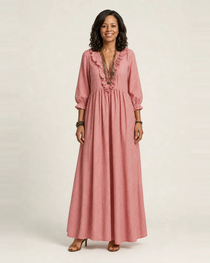 Yosetta | Ruffle V-Neck Striped Lantern-Sleeve Maxi Dress — Pink