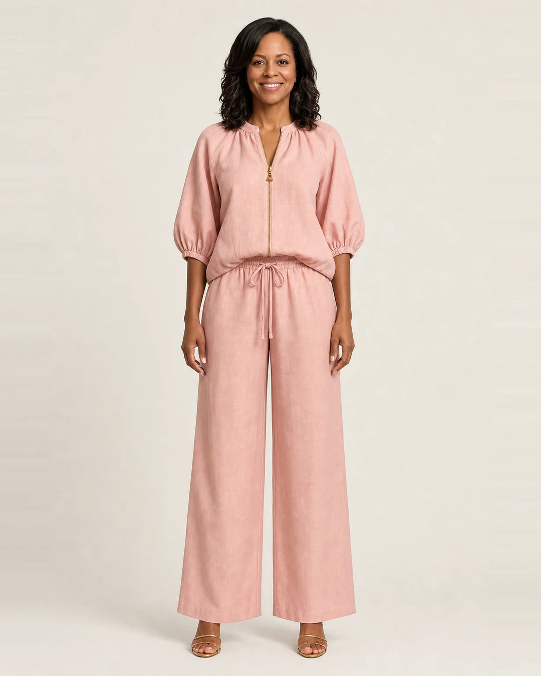 Marlowe | Zipper-Front Puff Sleeve Set — Pink