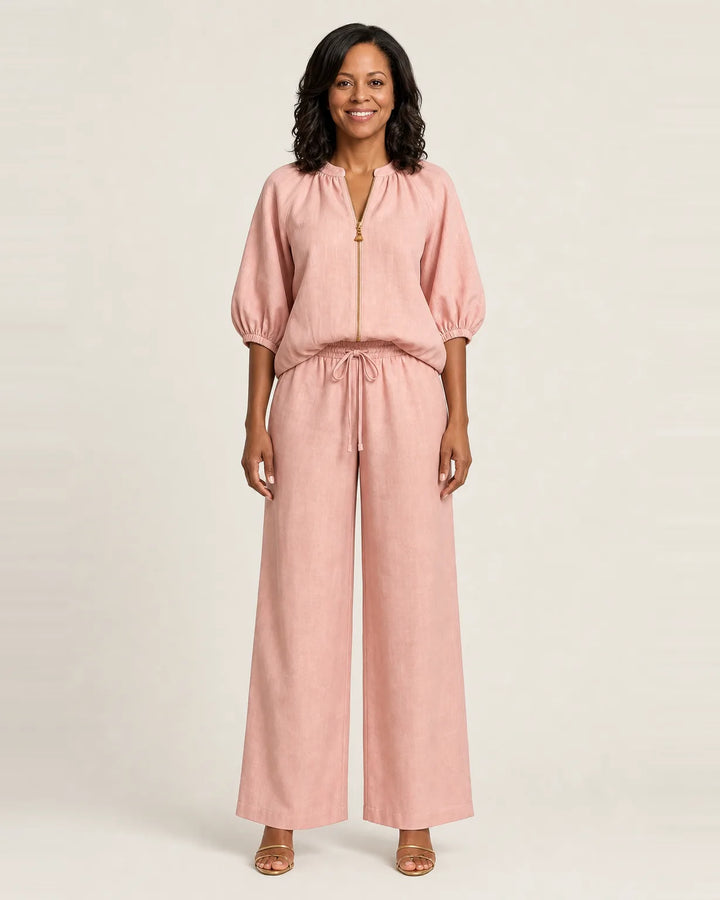 Marlowe | Zipper-Front Puff Sleeve Set — Pink