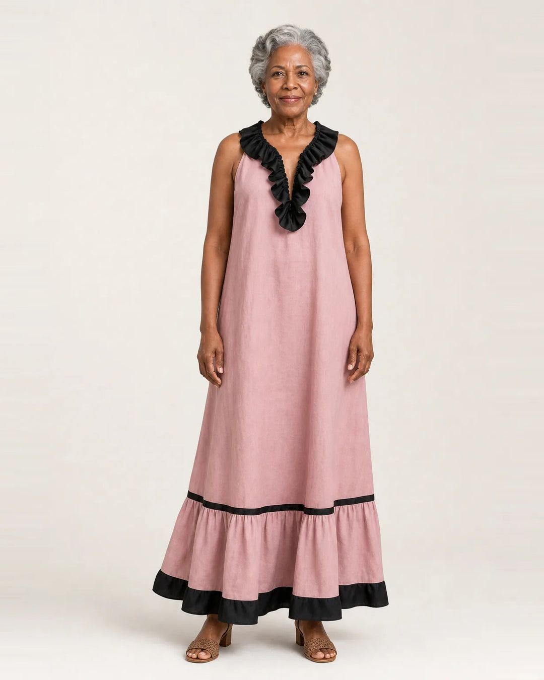 Mayline | Sleeveless Ruffle-Neck Contrast-Trim Maxi Dress — Pink