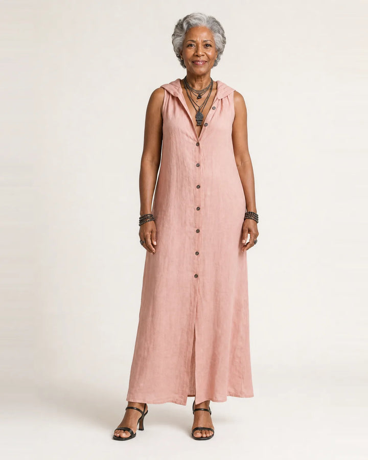 Mirabell | Hooded Button-Front Sleeveless Linen Maxi Dress — Pink
