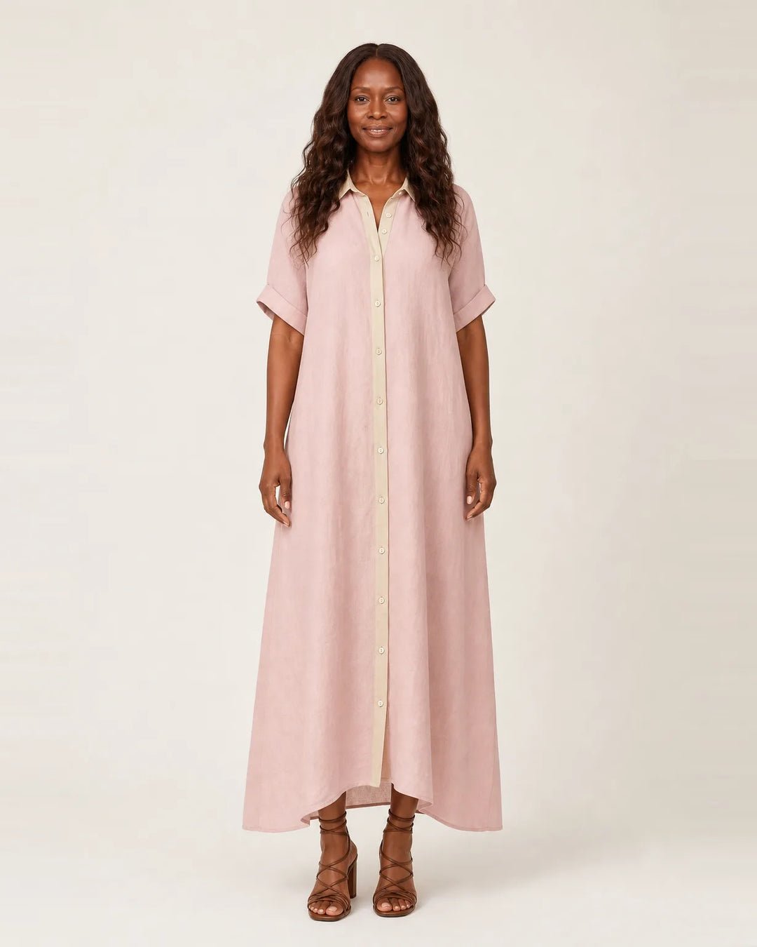 Kamira | Contrast-Collar Button-Front Short-Sleeve Maxi Shirt Dress — Pink