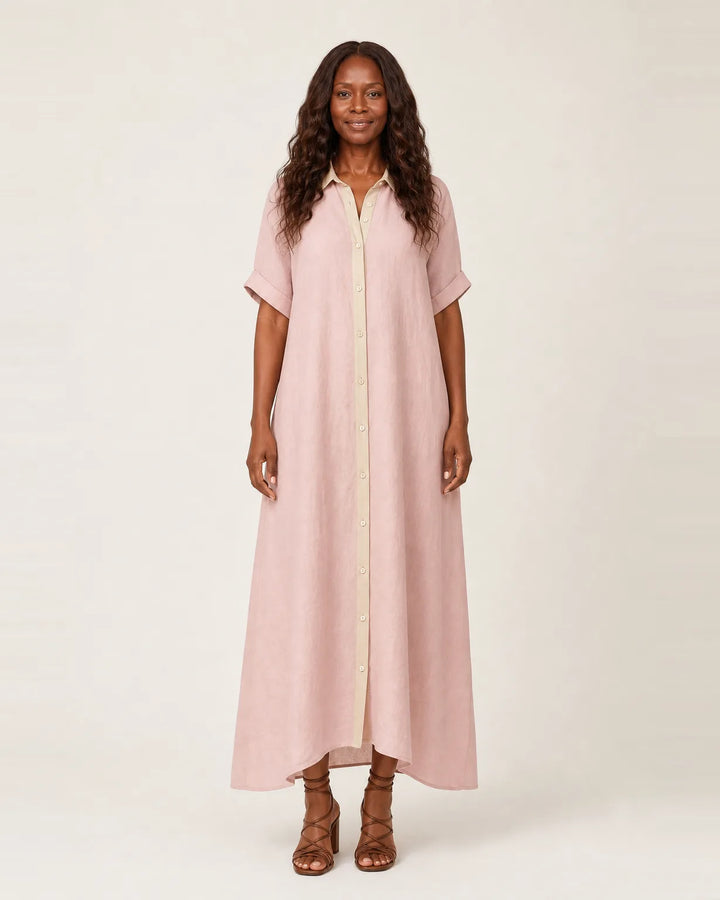 Kamira | Contrast-Collar Button-Front Short-Sleeve Maxi Shirt Dress — Pink