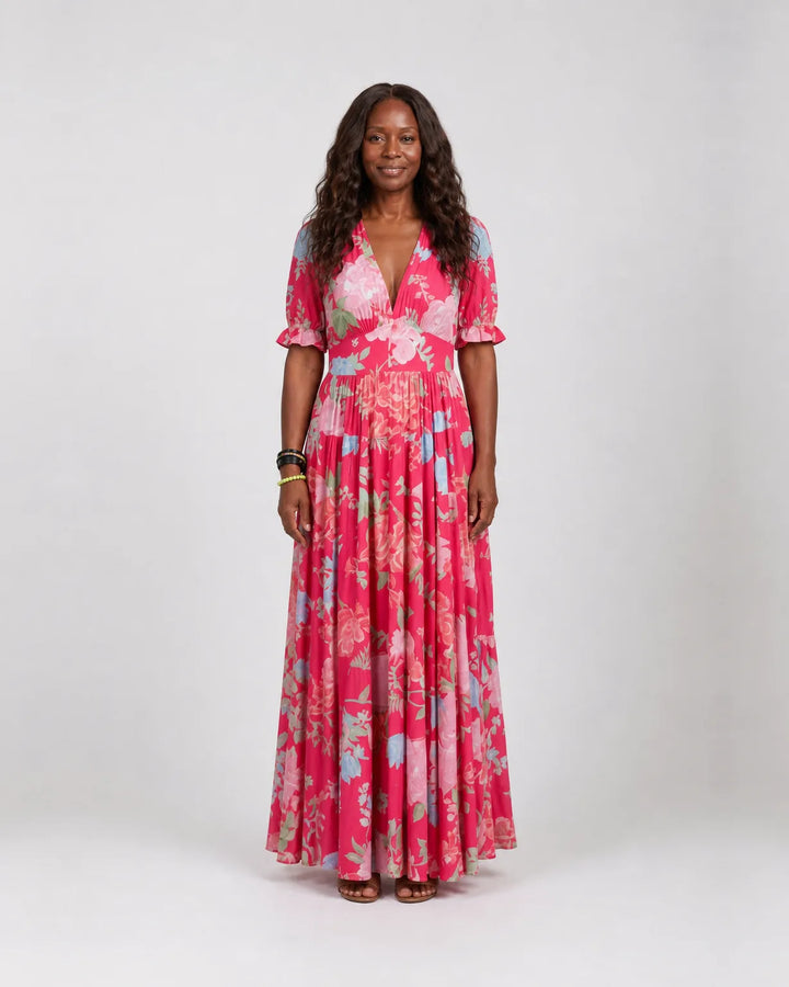 Ione | Short Sleeve V Neck Floral Midi Dress