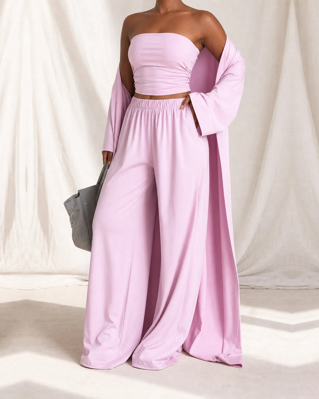 Amira | Strapless Top & Wide-Leg Set with Cardigan