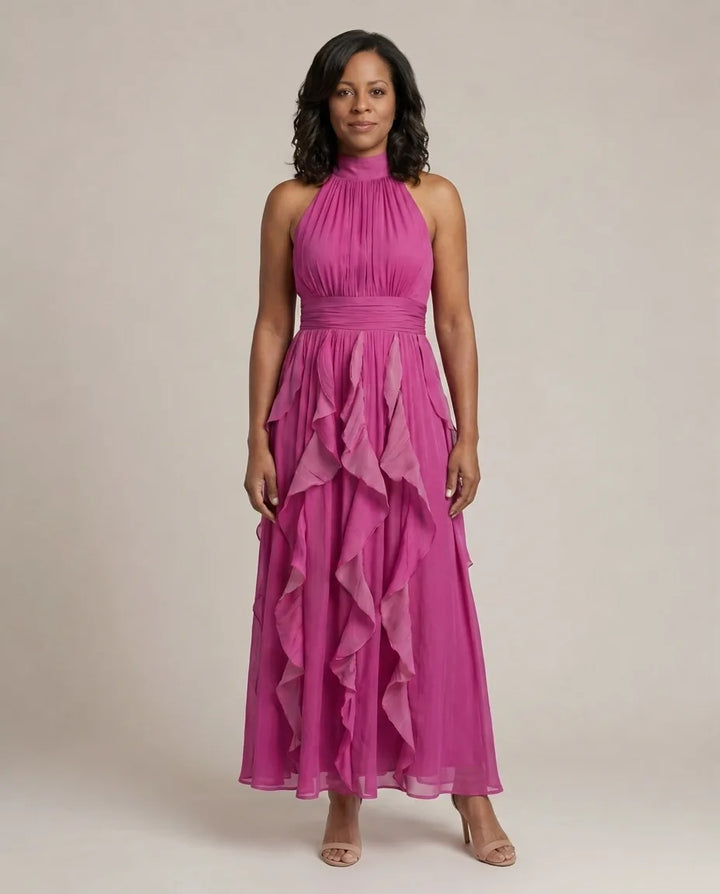 Orea | High Neck Gathered Ruffle Layers Maxi Dress