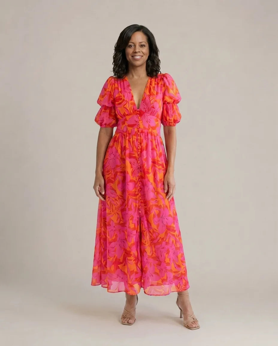 Willow | Floral V Neck Puff Sleeve Midi Dress