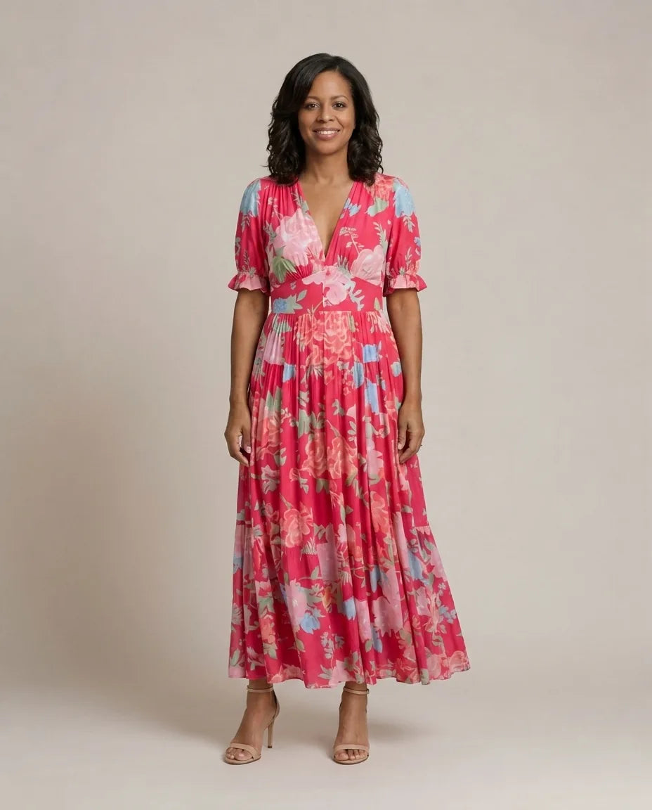 Lone | Short Sleeve V Neck Floral Midi Dress