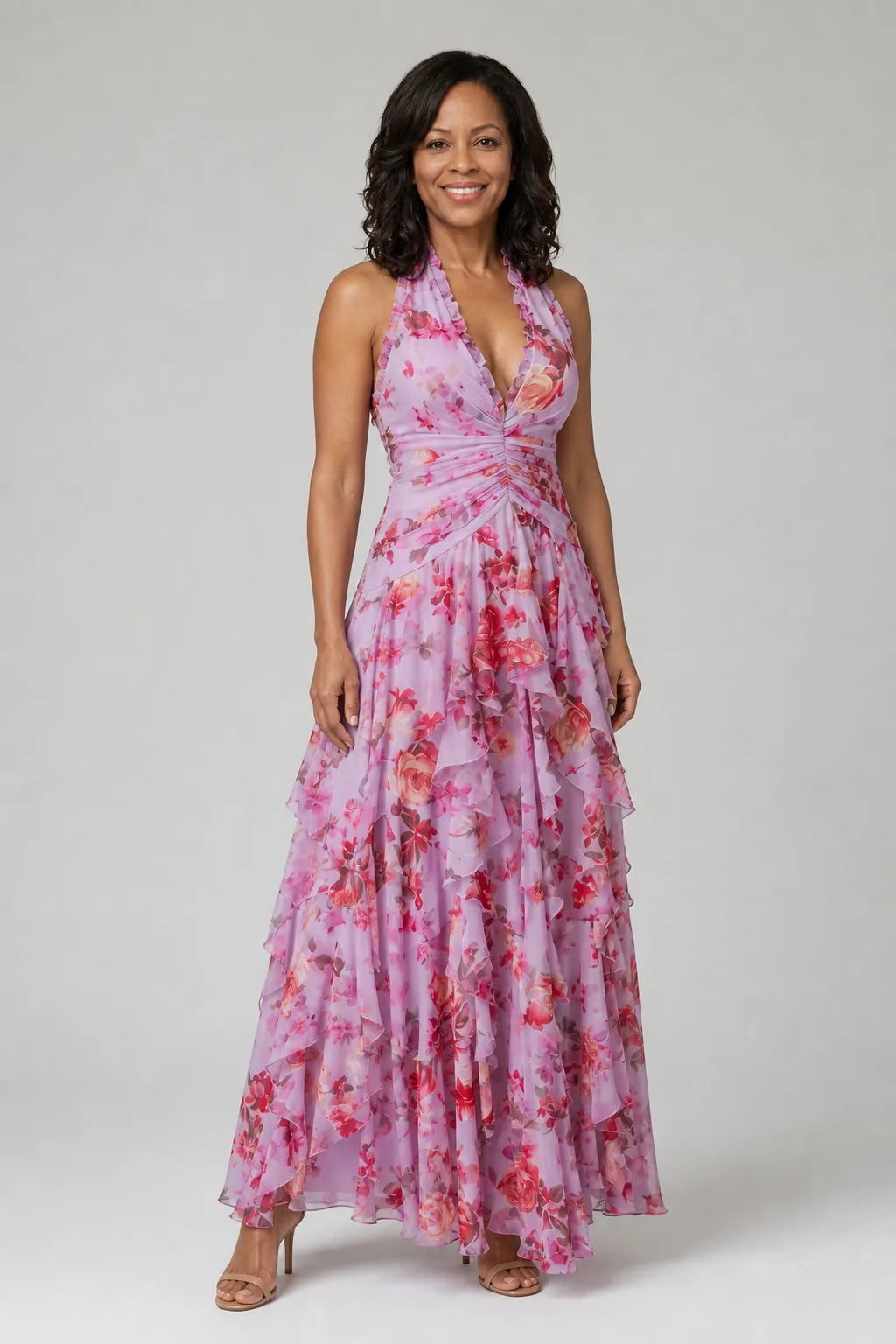 Nori | Halter Neck Ruched Bodice Floral Maxi Dress — Pink