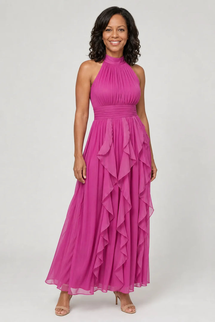 Orea | High Neck Gathered Ruffle Layers Maxi Dress