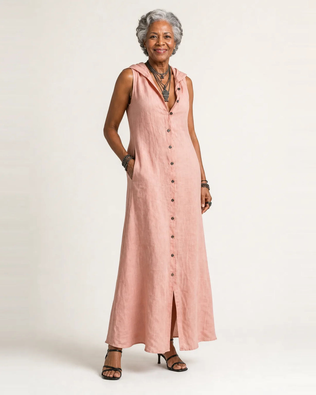 Mirabell | Hooded Button-Front Sleeveless Linen Maxi Dress — Pink