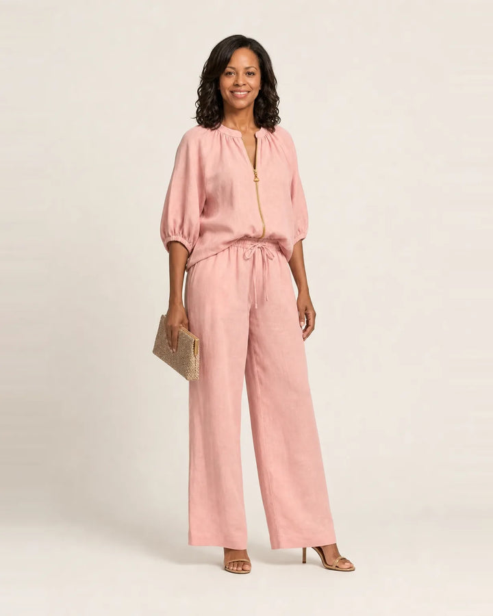 Marlowe | Zipper-Front Puff Sleeve Set — Pink