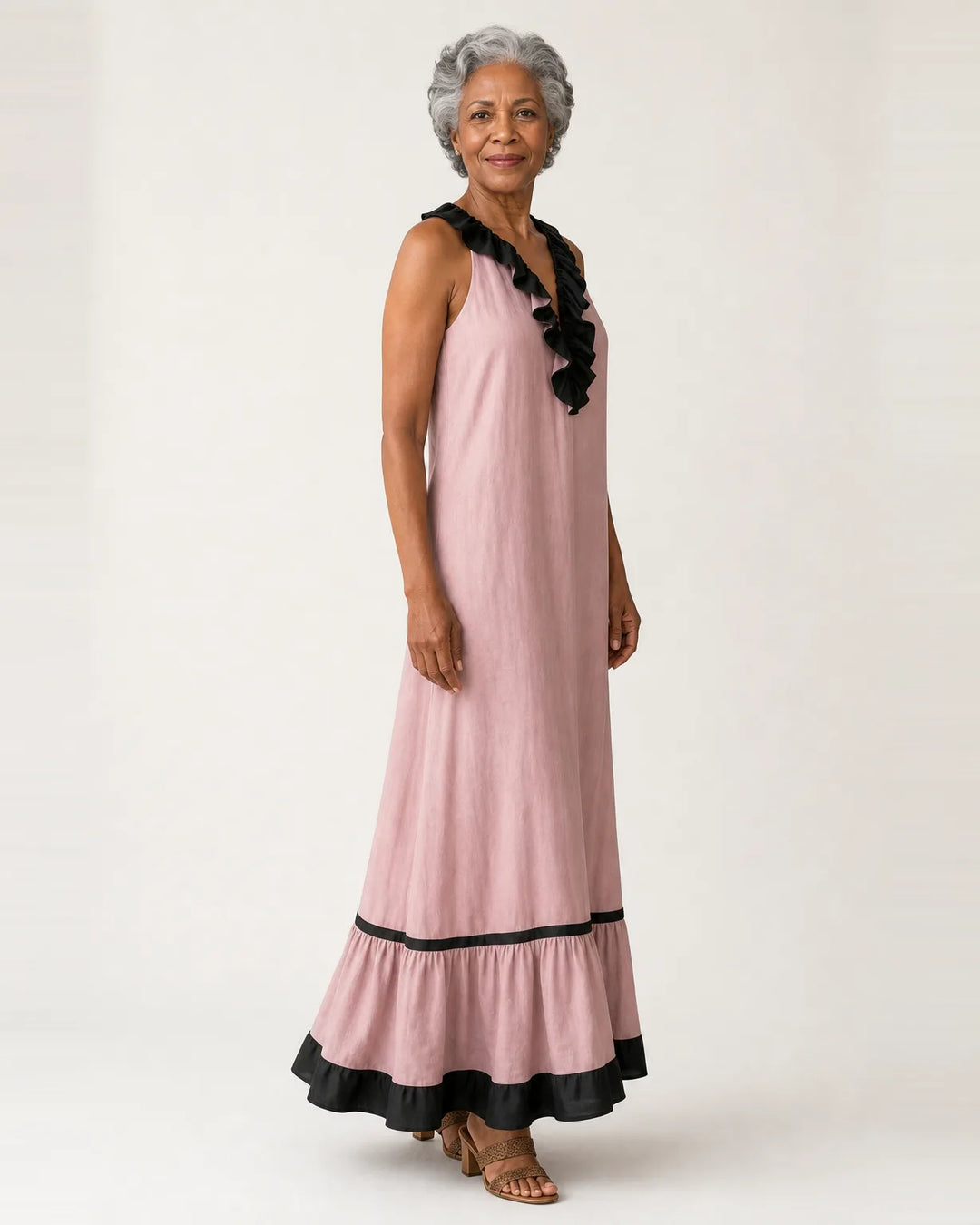 Mayline | Sleeveless Ruffle-Neck Contrast-Trim Maxi Dress — Pink