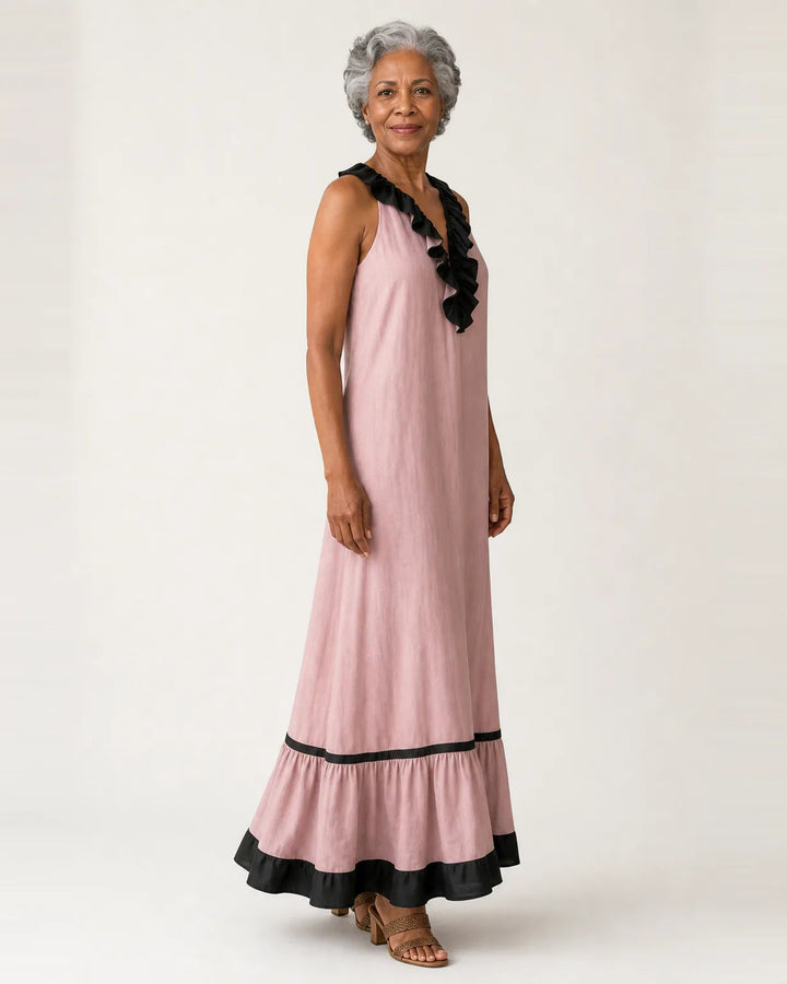 Mayline | Sleeveless Ruffle-Neck Contrast-Trim Maxi Dress — Pink