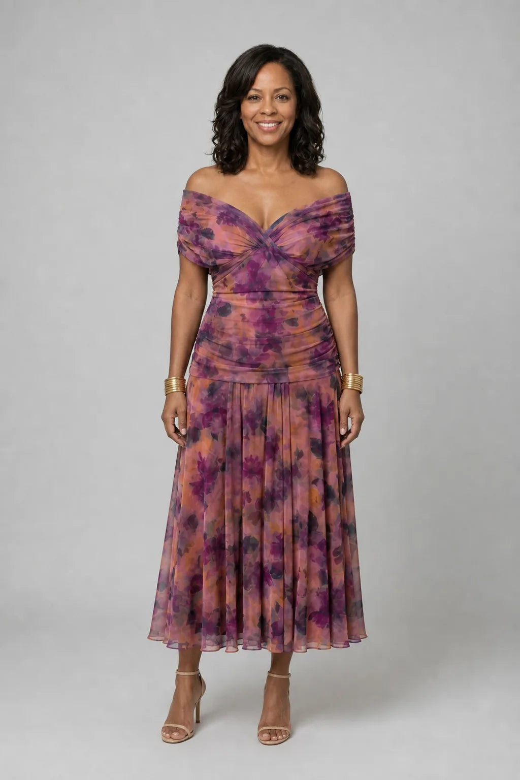 Calen | Off Shoulder Flow Midi Dress — Purple