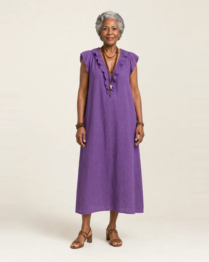 Josette | Ruffle V-Neck Linen Maxi Dress — Purple