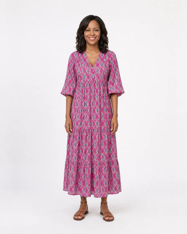 Apolline | Three Quarter Sleeve V Neck Patterned Midi Dress