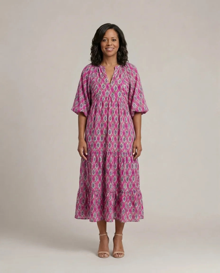Apolline | Three Quarter Sleeve V Neck Patterned Midi Dress