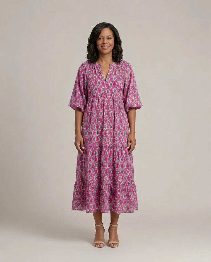Apolline | Three Quarter Sleeve V Neck Patterned Midi Dress