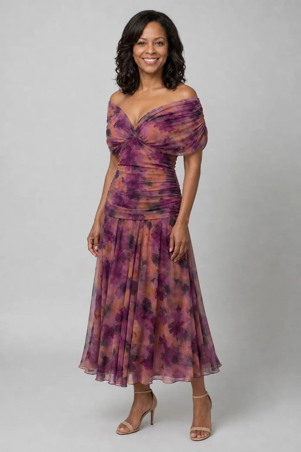 Calen | Off Shoulder Flow Midi Dress — Purple