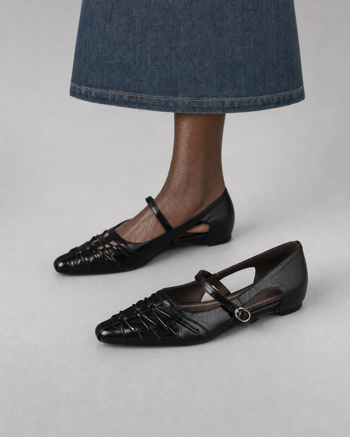 Jonetta | Pointed Lattice-Cut Mary Jane Flats - Black