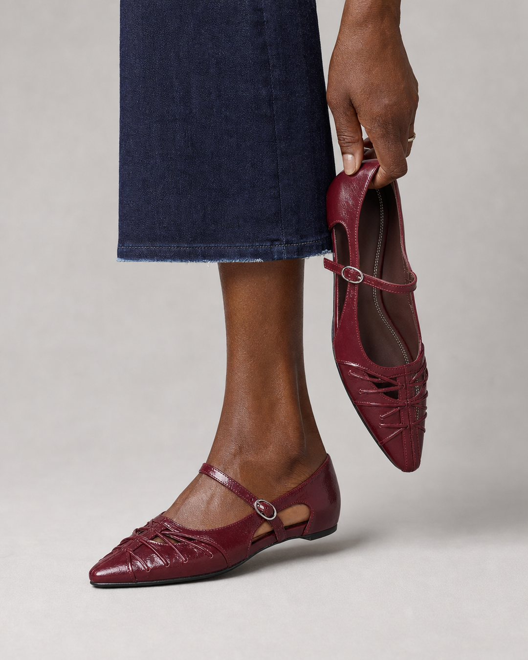 Jonetta | Pointed Lattice-Cut Mary Jane Flats - Burgundy