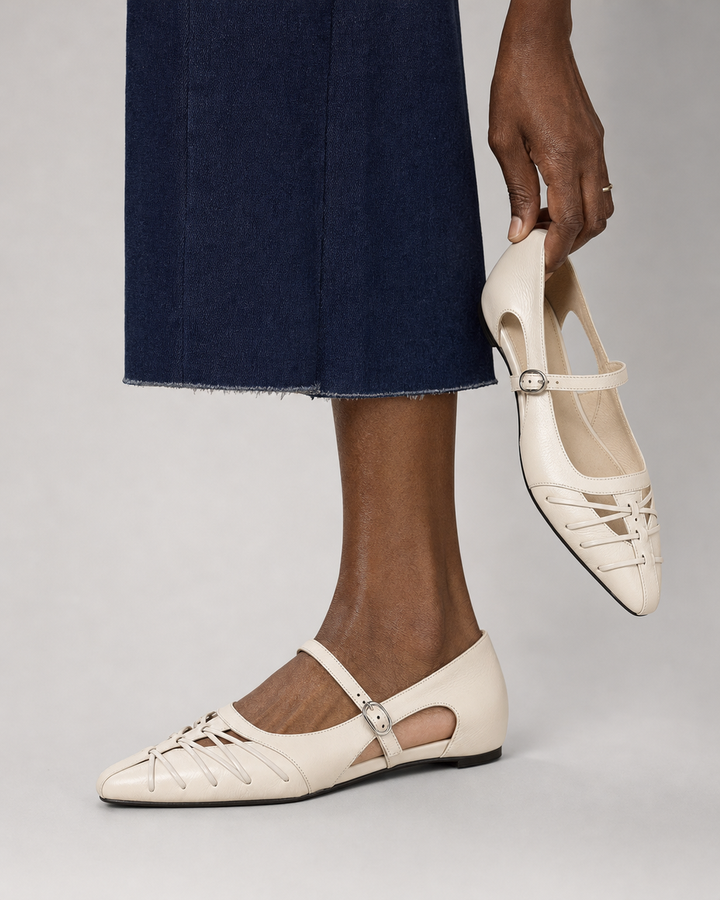 Jonetta | Pointed Lattice-Cut Mary Jane Flats - Cream