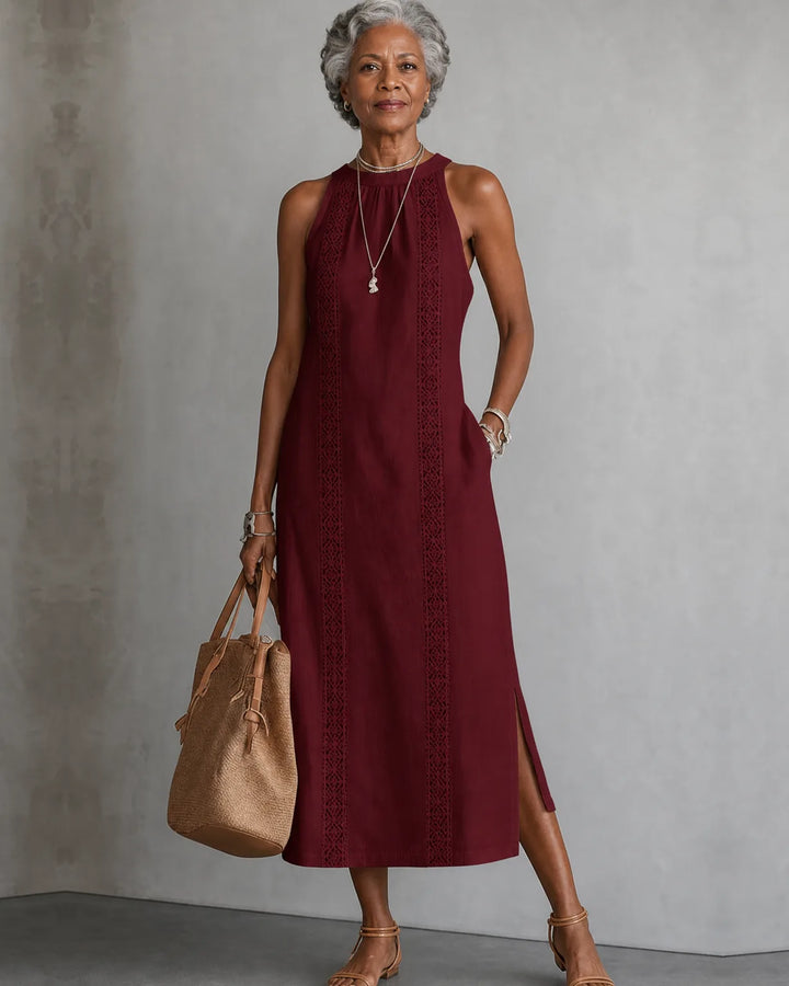 Jimena | Embroidered Mandarin-Collar Midi Dress