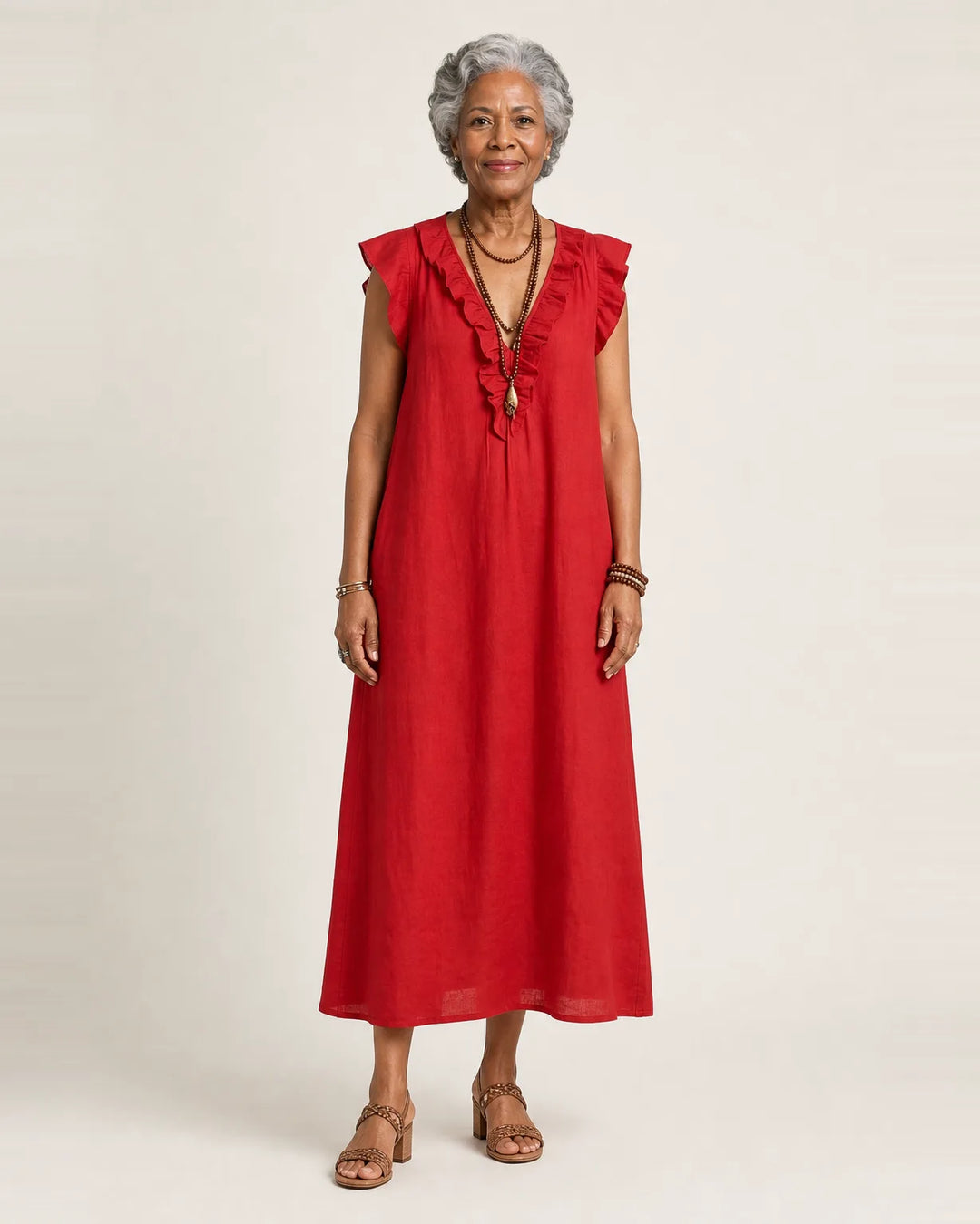 Josette | Ruffle V-Neck Linen Maxi Dress — Red