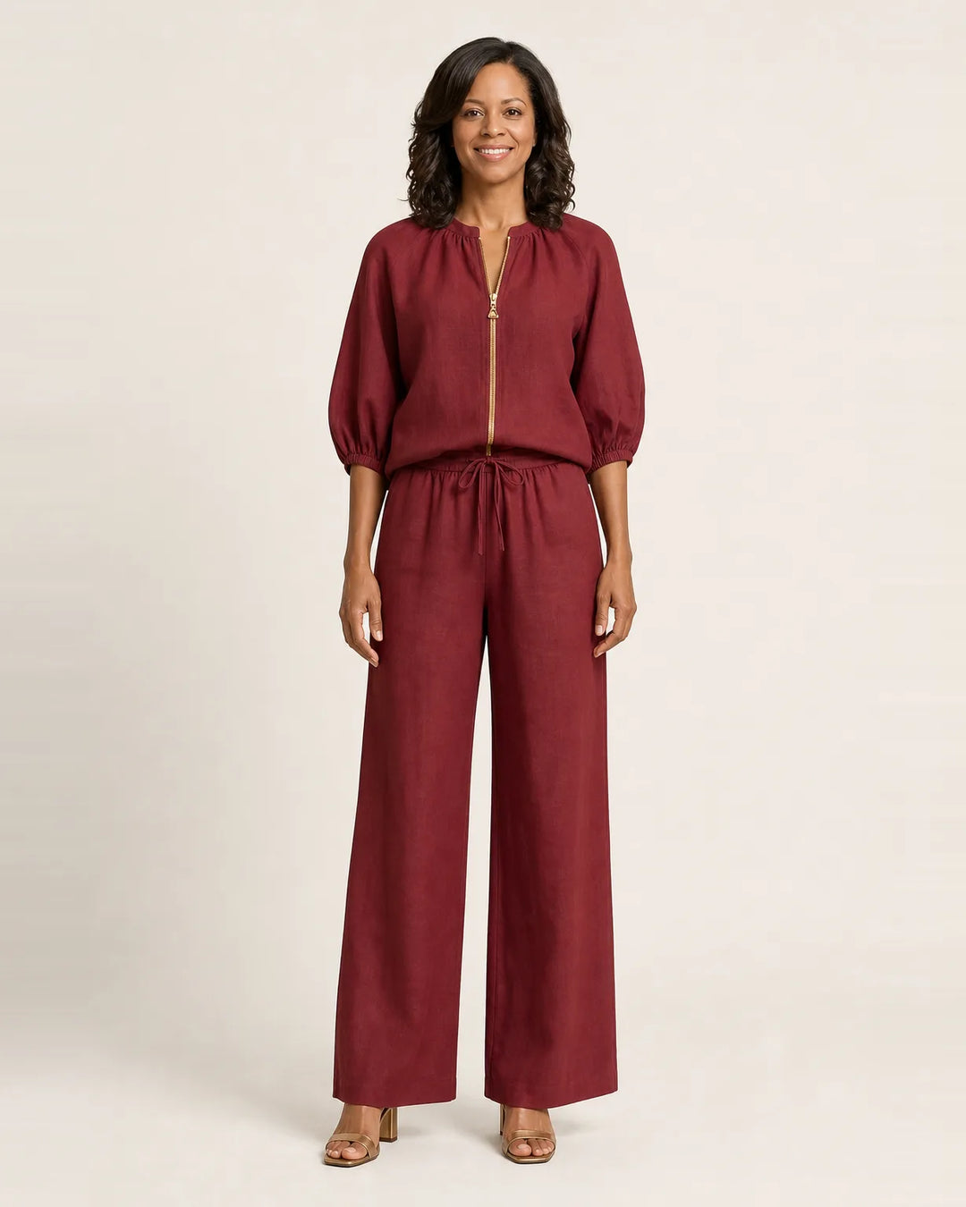 Marlowe | Zipper-Front Puff Sleeve Set — Red