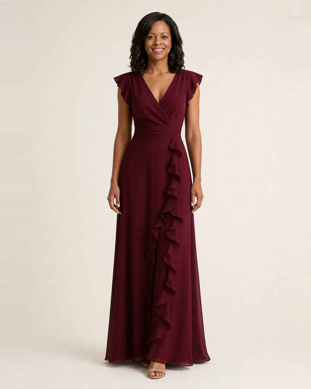 Nellyana | Wrap-Style V-Neck Flutter-Sleeve Cascading Ruffle Maxi Dress — Red