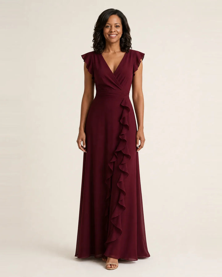 Nellyana | Wrap-Style V-Neck Flutter-Sleeve Cascading Ruffle Maxi Dress — Red