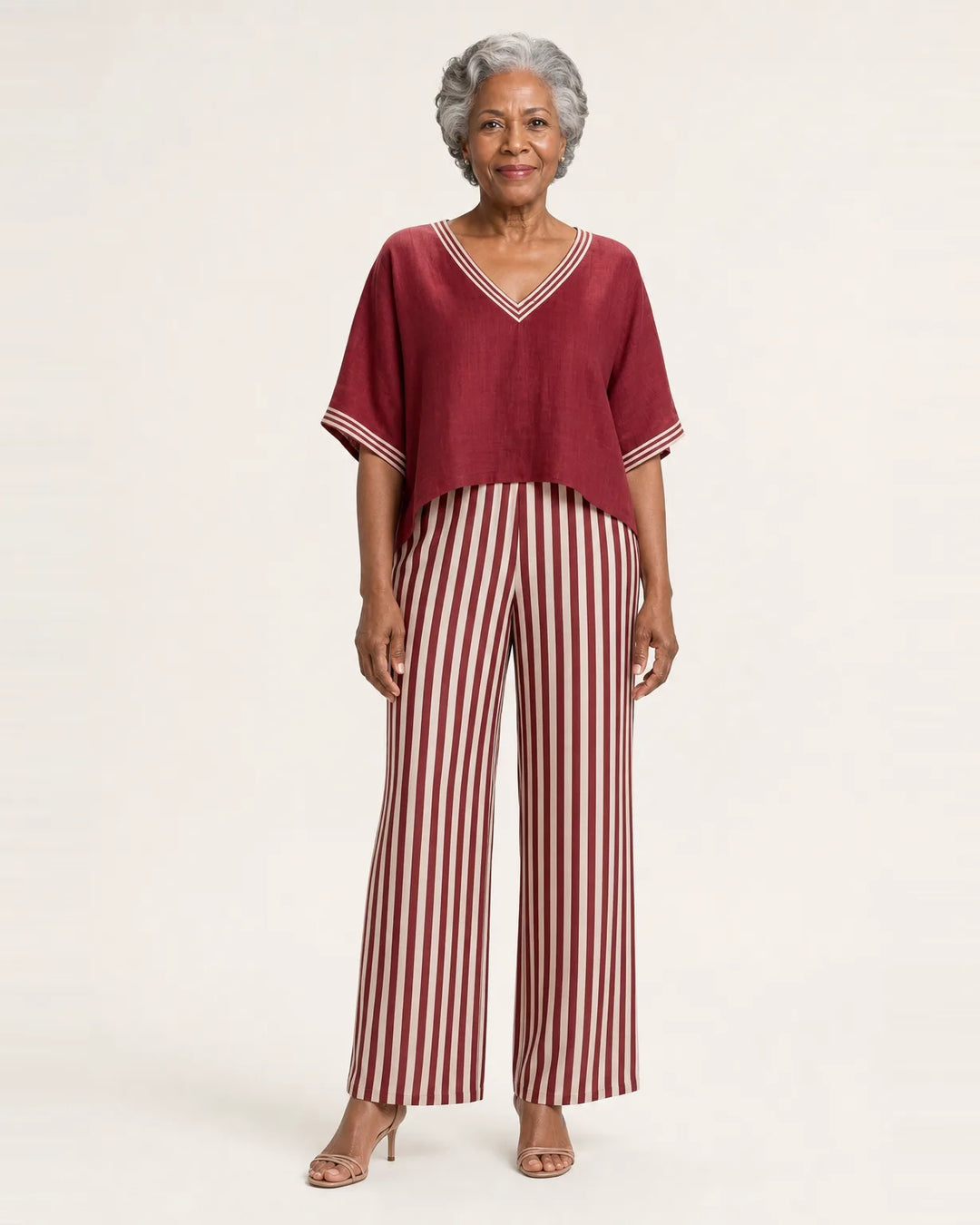Juliana | V-Neck Varsity Top & Stripe Wide-Leg Set — Red