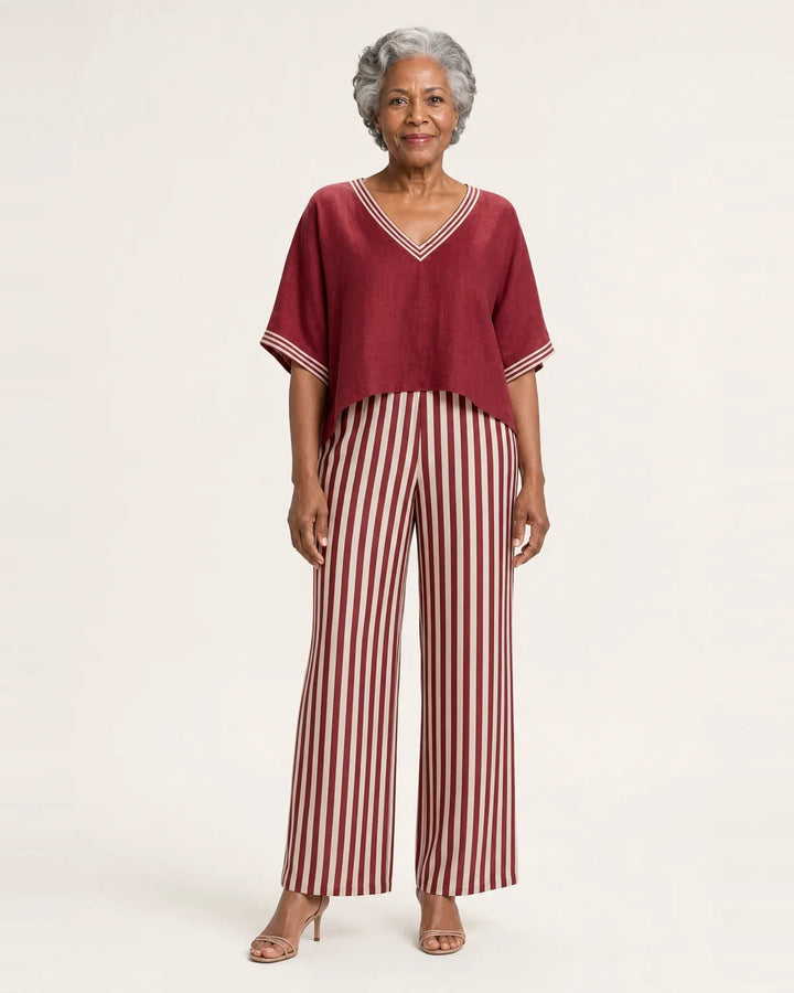 Juliana | V-Neck Varsity Top & Stripe Wide-Leg Set — Red