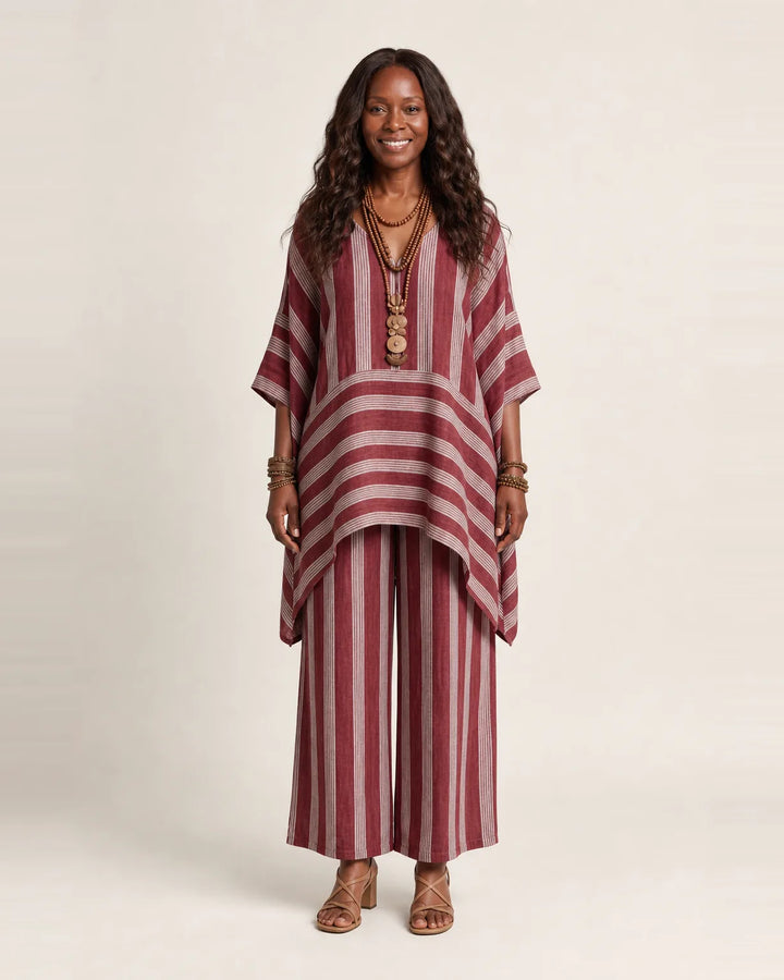 Kiara | Two-Piece Striped Cotton-Linen Set — Red