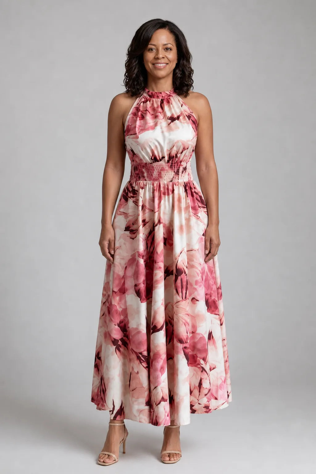 Olivia | Gathered Waist Abstract Print Midi Dress — Red