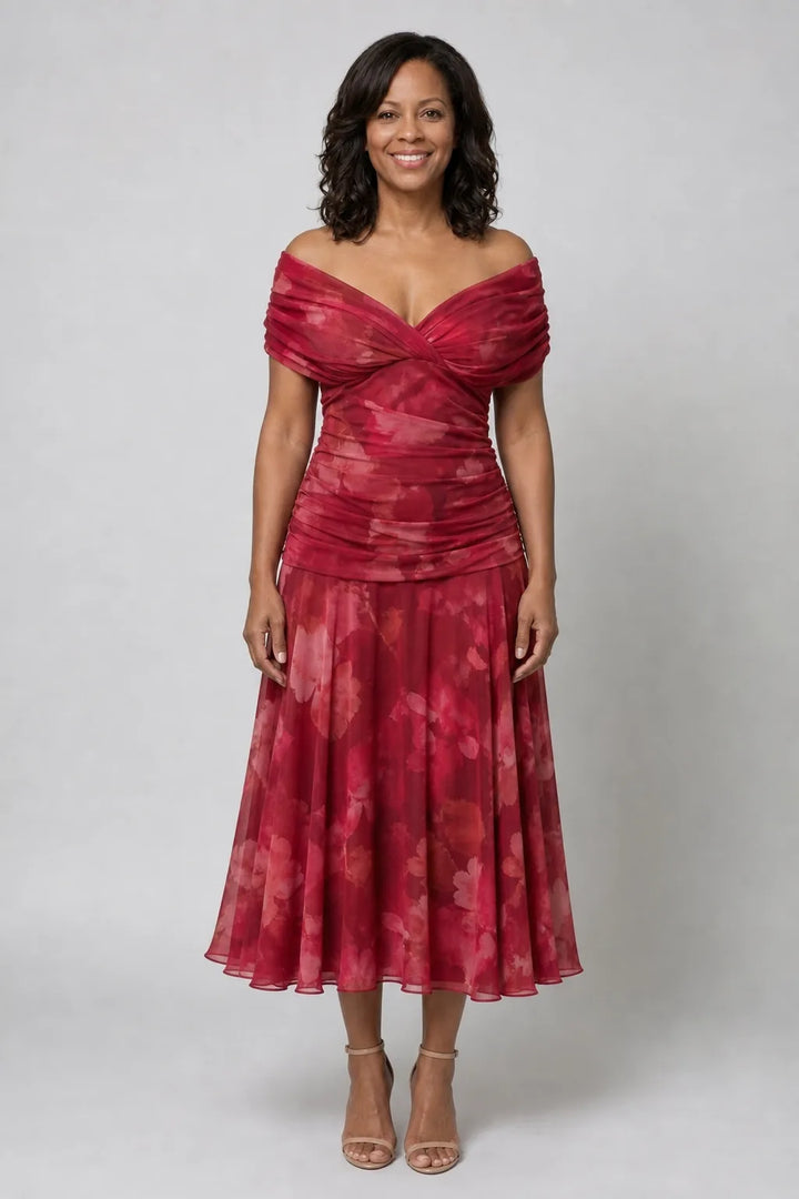 Calen | Off Shoulder Flow Midi Dress — Red