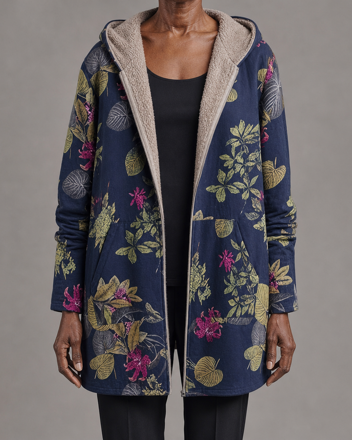 Rosalee | Floral Fleece-Lined Hooded Coat - Navy blue