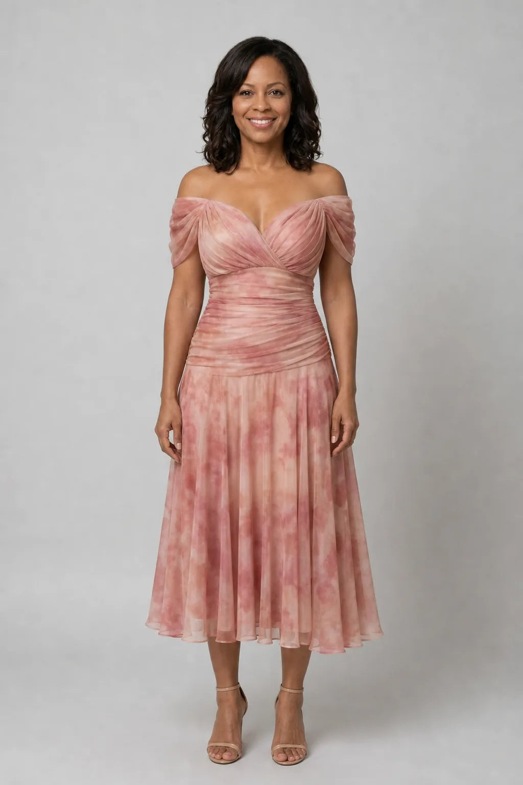 Calen | Off Shoulder Flow Midi Dress — Rose gold