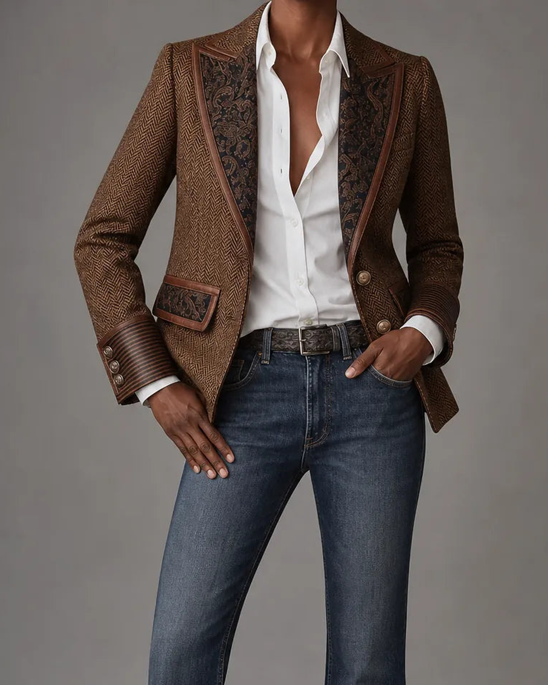 Sable | Herringbone Printed Panel Blazer