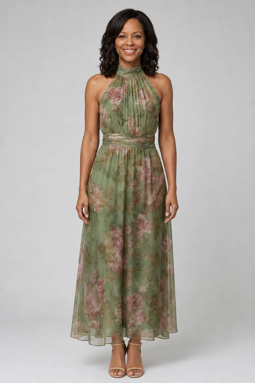 Mirelle | Gathered Halter Midi Dress — Sage Green