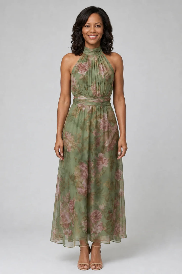 Mirelle | Gathered Halter Midi Dress — Sage Green