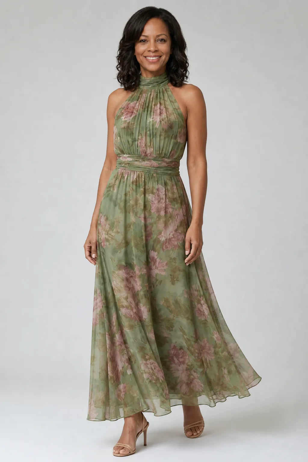 Mirelle | Gathered Halter Midi Dress — Sage Green