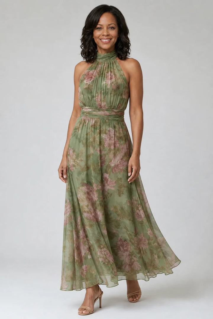 Mirelle | Gathered Halter Midi Dress — Sage Green