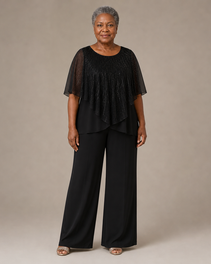 Sequin Capelet Chiffon Pant Suit with Wide-Leg Pants