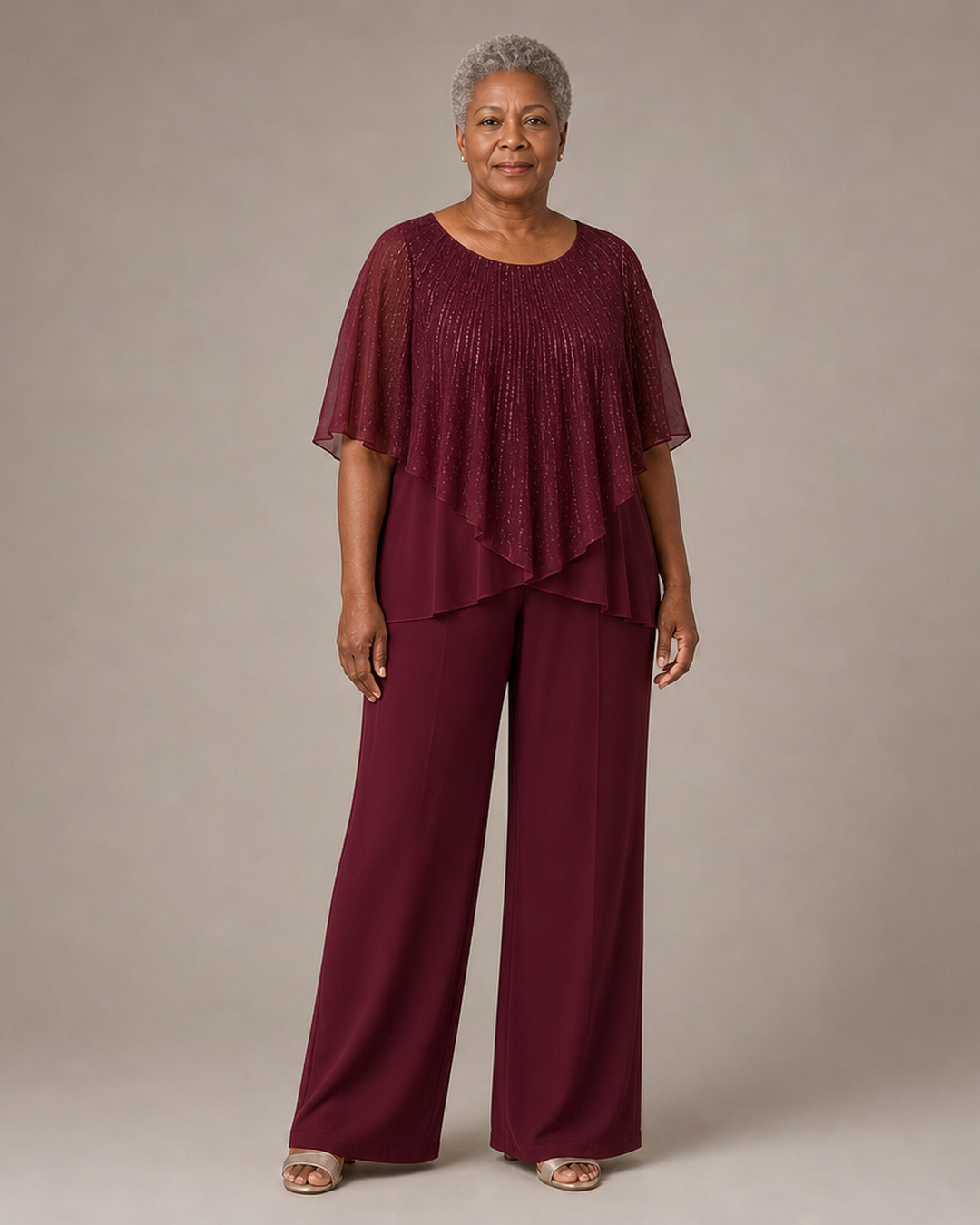 Sequin Capelet Chiffon Pant Suit with Wide-Leg Pants