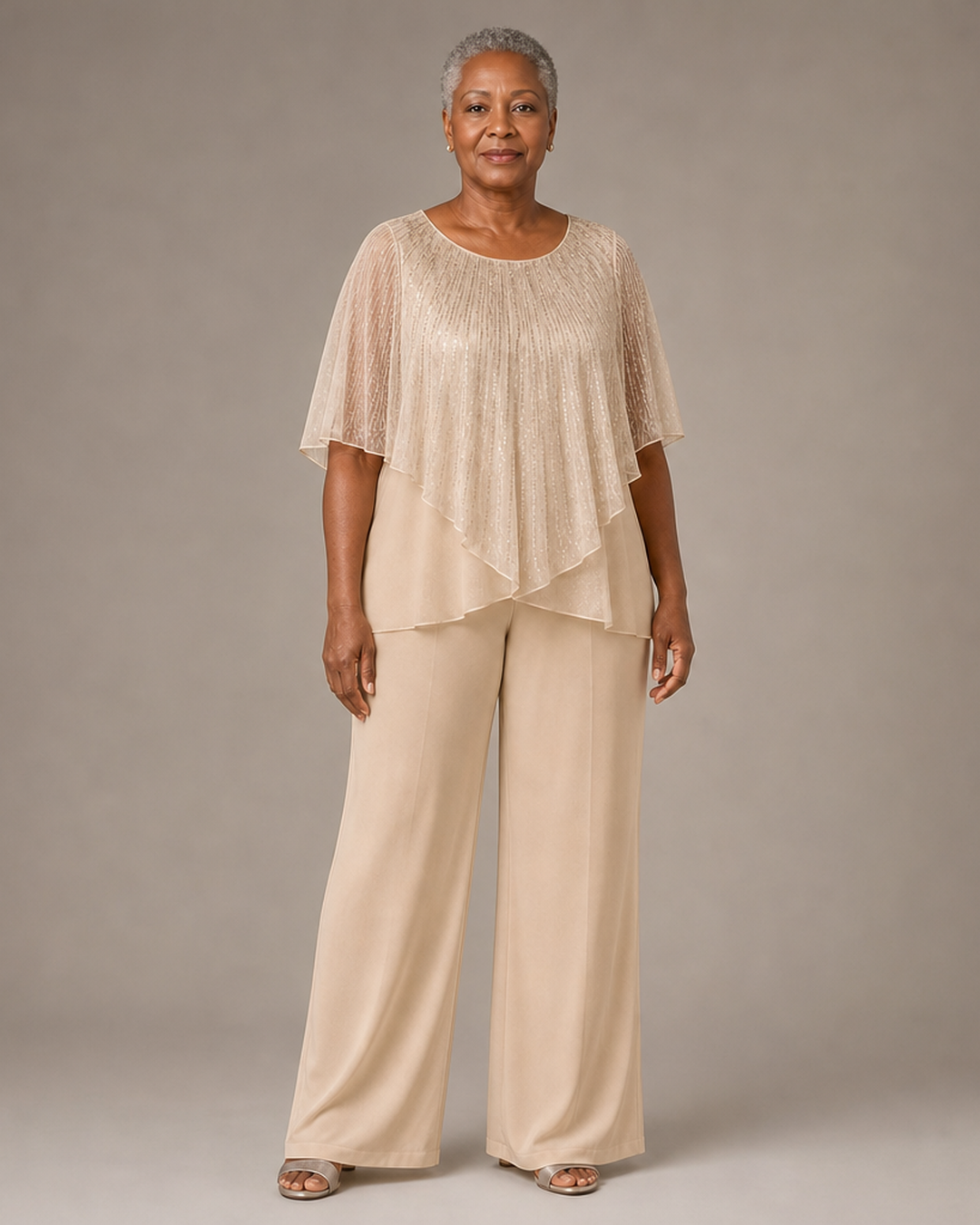 Sequin Capelet Chiffon Pant Suit with Wide-Leg Pants