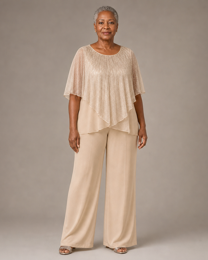 Sequin Capelet Chiffon Pant Suit with Wide-Leg Pants